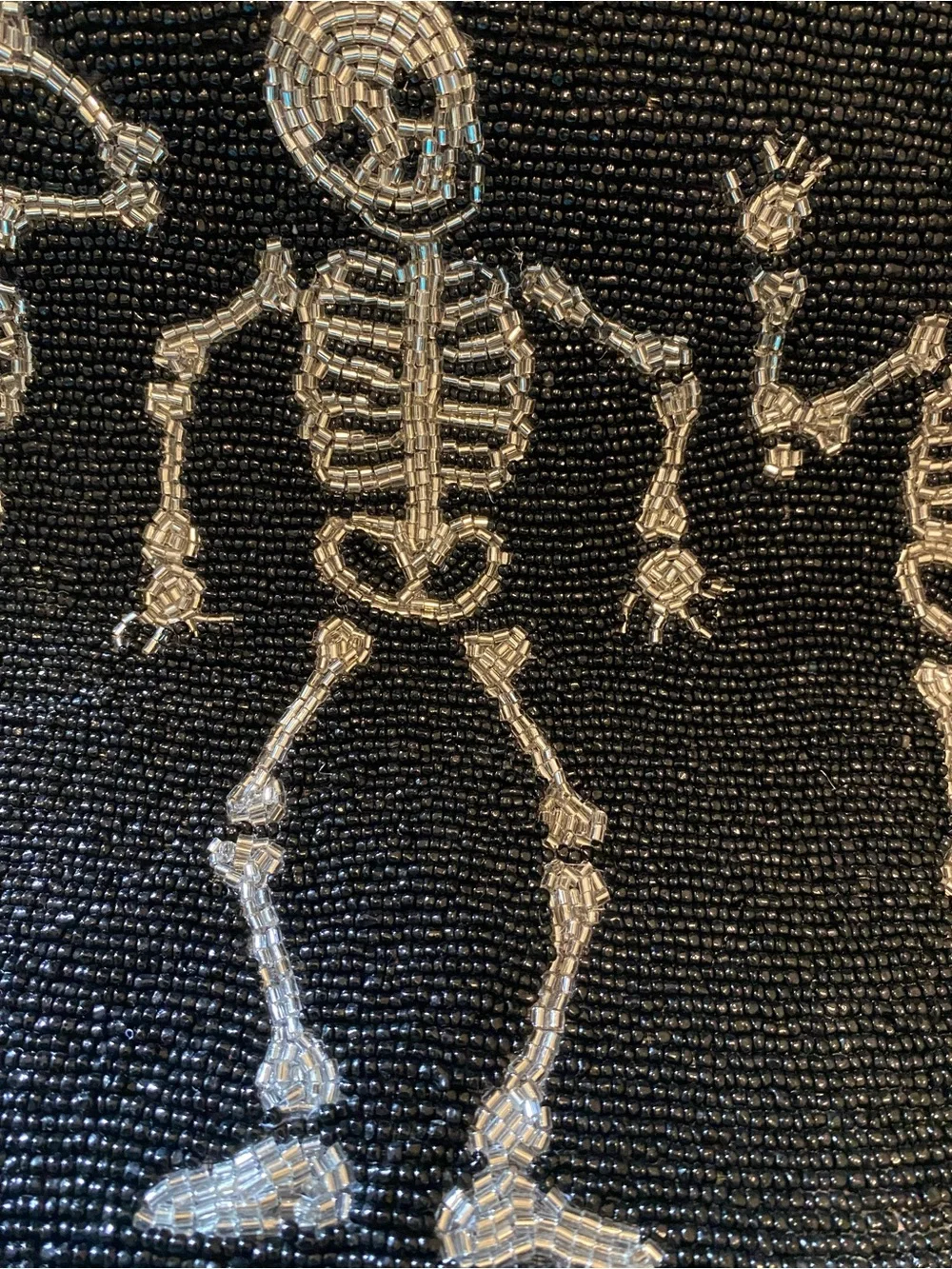 Table Runner Halloween Beaded “Dancing Skeletons” 13x36 Black/Sliver NWT